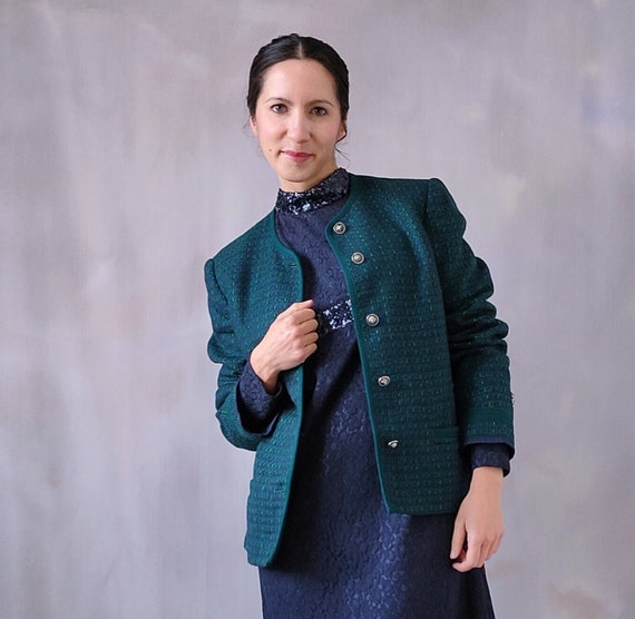 Vintage Green Pure Wool Tweed Jacket Chanel Style, 80s Women Vintage Green Pure Wool Tweed Jacket Chanel Style, 80s Women