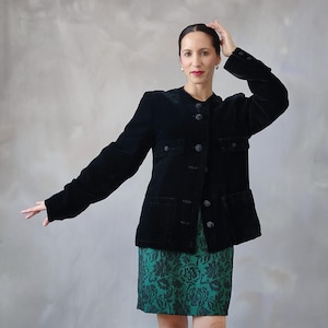 Vintage Black Velvet formal Jacket with Jewel Buttons, 80s Elegant Black Evening Blazer for woman - M