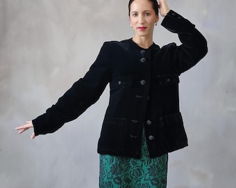 Vintage Black Velvet Blazer: 80s Jewel Button Evening Jacket Size M