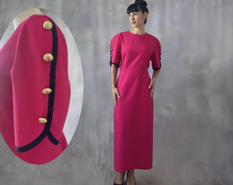 Vintage 80s Ann Taylor Dress: Hot Pink Linen Midi with Bold Shoulders