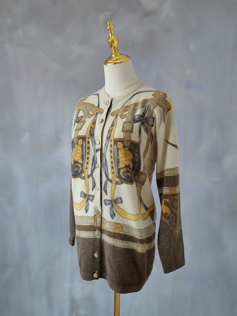Scarf printed wool cardigan, vintage beige equestrian sweater, cashmere sweater wool cardigan, angora sweater dressy cardigan, wool jacket Bild 7