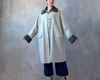 Vintage Faux Fur Collar Trench Coat: 80s Gray Spring Fall Coat (M-XL)