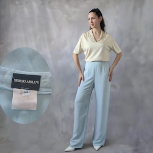 Vintage Giorgio Armani light blue formal cotton and linen pants, 90s Armani blue silk palazzo pants - S
