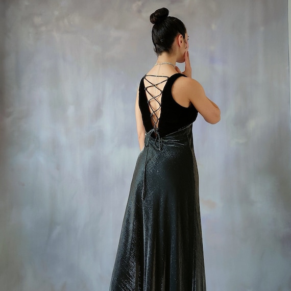 Vintage Metallic Silver Gown: 90s Velvet Corset Back Prom Dress (XS)