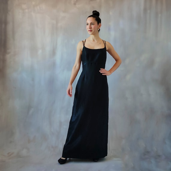 vintage 90's spaghetti strap empire waist dress floor length 90s Metallic Prom Dress| Vintage Spaghetti strap lame optic statement –  Fashion and Fables
