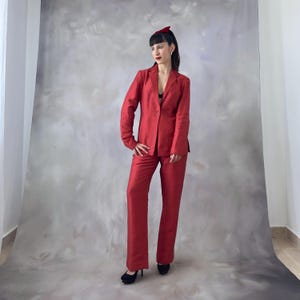 Vintage red linen suit, 90s red minimalist tailored jacket and straight pants lightweight set, Vintage linen spring summer womens suit - S