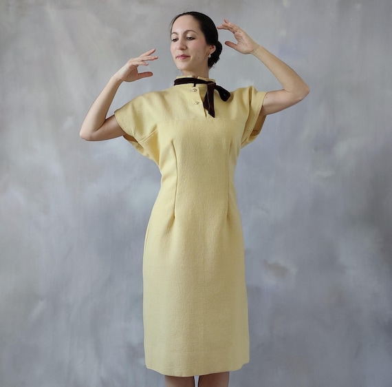 60s midi dress Vintage 60s Wool Midi Dress: Yellow Mod With Velvet Bow -L/XL