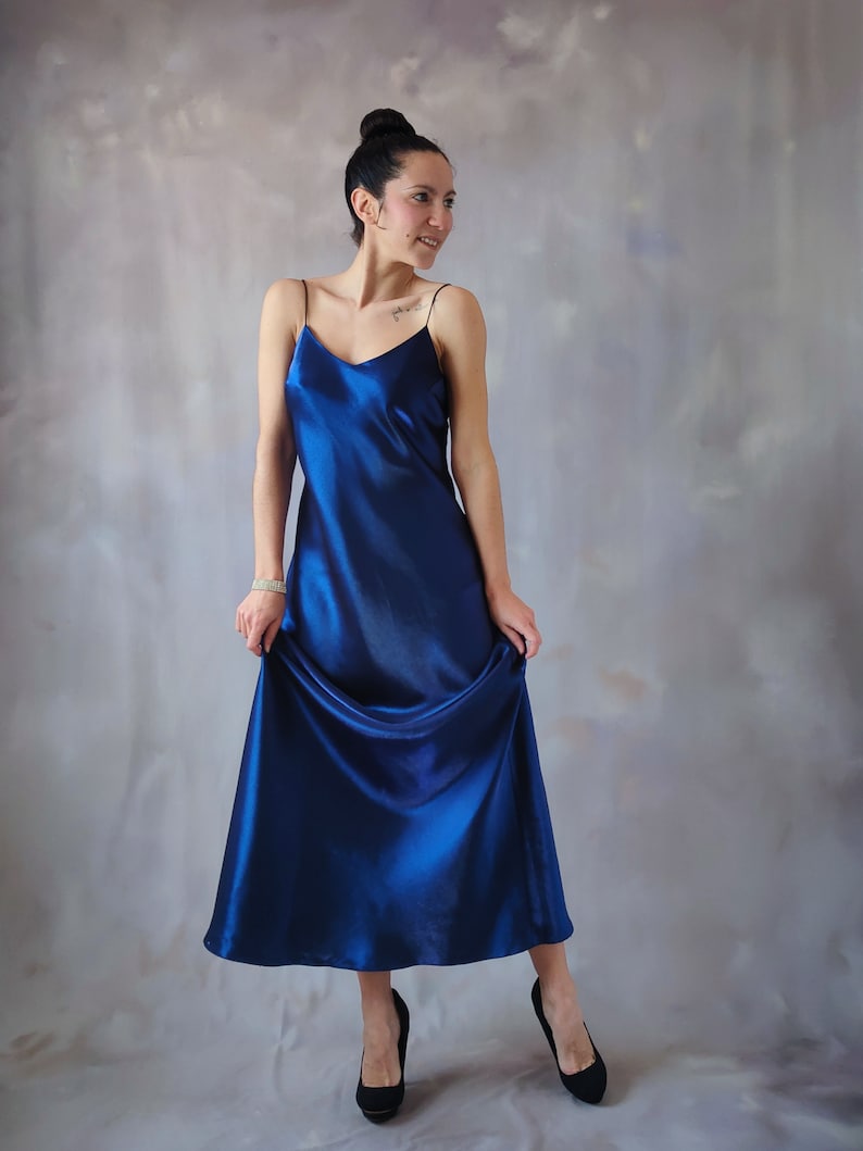 Long Shiny Blue Slip Dress, Metallic Blue Satin Slip Dress, Vintage ...