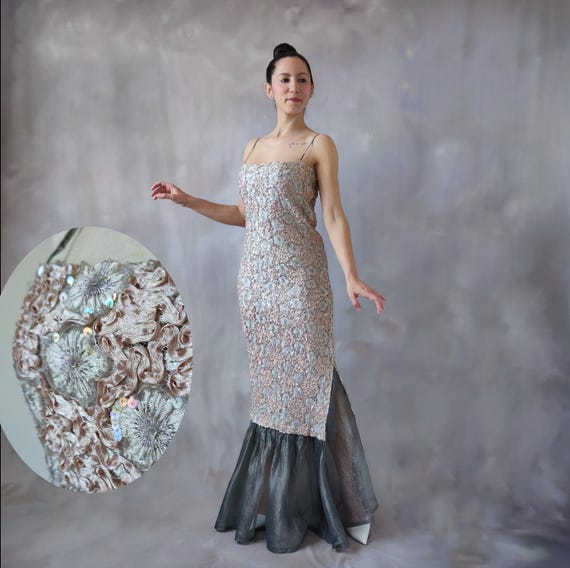 Vintage Sequin Ball Gown: Embroidered Silver Gray Organza Trumpet Dress - S  - Etsy
