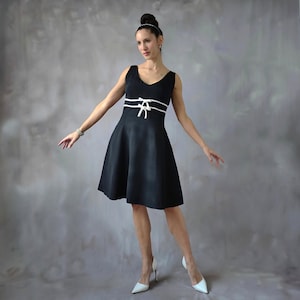 Vintage black coquette dress, Vintage feminine fit and flare little black dress with bows, Black and white 50s style tutu mini dress - S