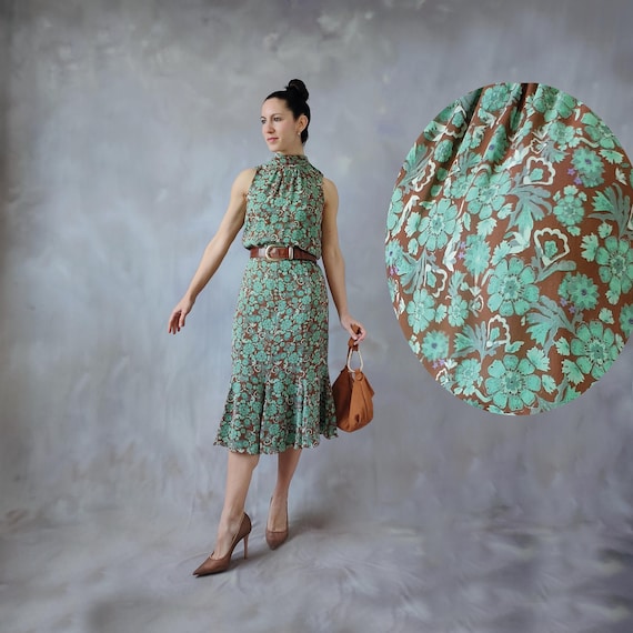 Vintage Agnona Silk Cocktail Dress: Green Floral Trumpet Halter midi dress XS/S
