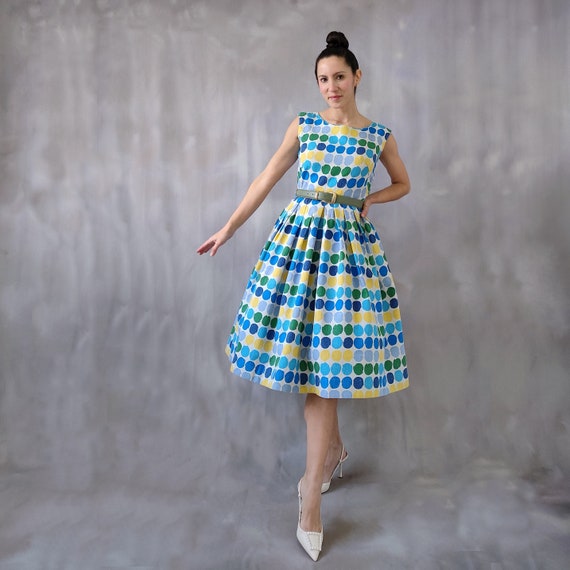 Vintage 50s Colorful Polka Dot Cotton Cocktail Dress, 1950s Blue Yellow Swing Dress, Vintage Fit and Flare Tea Length Resort Midi Dress - S - Etsy UK Vintage 50s Colorful Polka Dot Cotton Cocktail Dress, 1950s Blue Yellow Swing Dress, Vintage Fit and Flare Tea Length Resort Midi Dress - S - Etsy UK