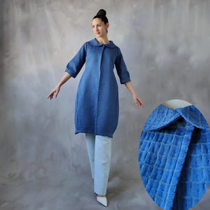 Vintage blue Jackie O midcentury jacket, 60s checkered tulip spring summer jacket, Sculptural peter pan collar mod coat, Open blue coat -S/M