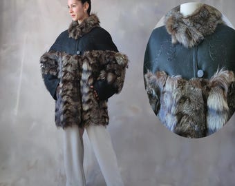 80s Vintage Mink Fur Batwing Coat: Brown Black Luxury Winter Jacket - L