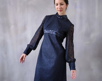 Vintage 60s Sequin Mini Dress: Navy Blue Lace Shift, Long Sleeve - XS