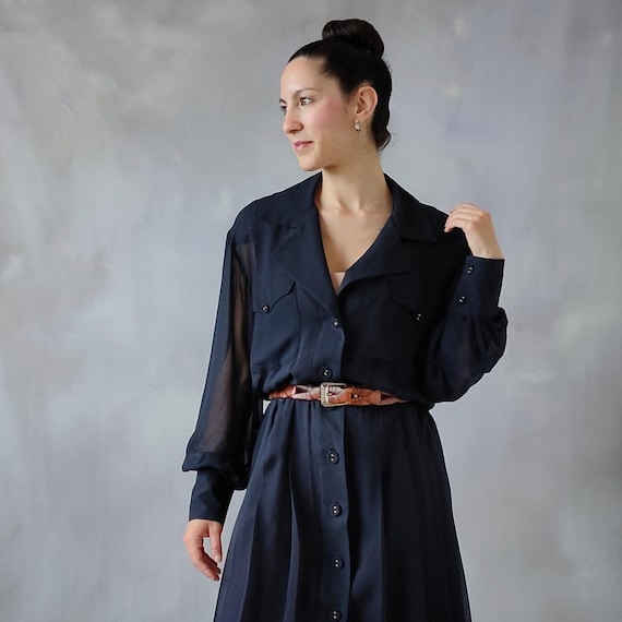 silk chiffon tunic dress Vintage Silk Chiffon Dress: 80s Pleated Shirt Midi Dress - S/M