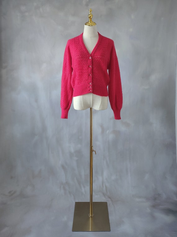Ruby red wool cardigan, pink knitwear angora swea… - image 6