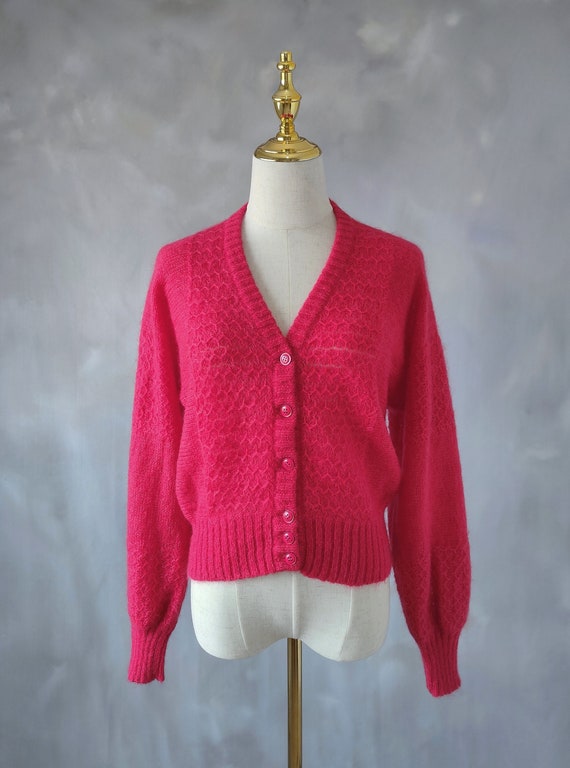 Ruby red wool cardigan, pink knitwear angora swea… - image 7