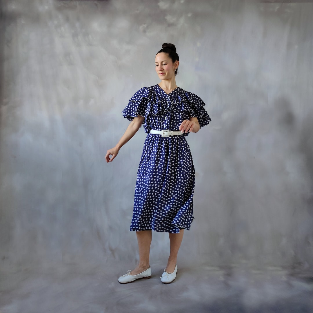 Vintage 80s Polka Dot Midi Dress: Ruffled Navy Blue Cocktail Dress