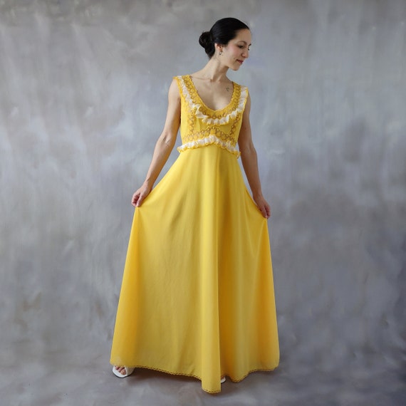 70s Yellow lace nightgown, Vintage yellow maxi dress, romantic vintage  lingerie, 70s lingerie see through, ruffled dress cute lingerie - S