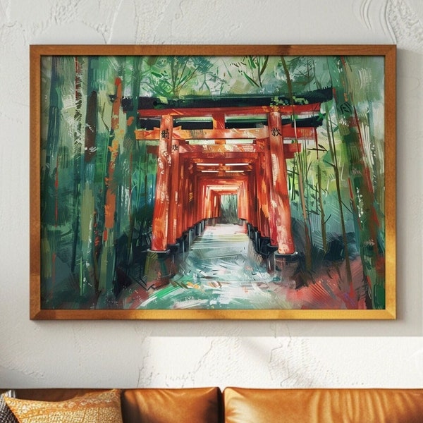 Japan Fushimi Inari Shrine, Digital Wall Art Print, Oil Painting Style, Cherry Blossom, Japanese Cityscapes, Japanese Shrine Art, Cultural