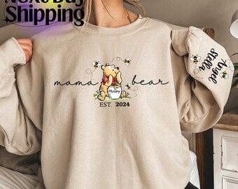 Custom Mama Bear Sweatshirt, Mama Est with Kid Name on Sleeve Sweatshirt, Personalized Mom Hoodie, Mothers Day Gift, New Mom Tee