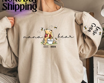 Personalisiertes Nana Bär Sweatshirt, Mama Est mit Kindernamen auf dem Ärmel, personalisierter Mama Hoodie, Muttertagsgeschenk, T-Shirt für neue Mama