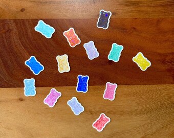 Gummy Bear Stickers 14 Pack, Glitter & Glossy Vinyl Decals, Cute Candy Stickers, Laptop Water Bottle Planner Stickers