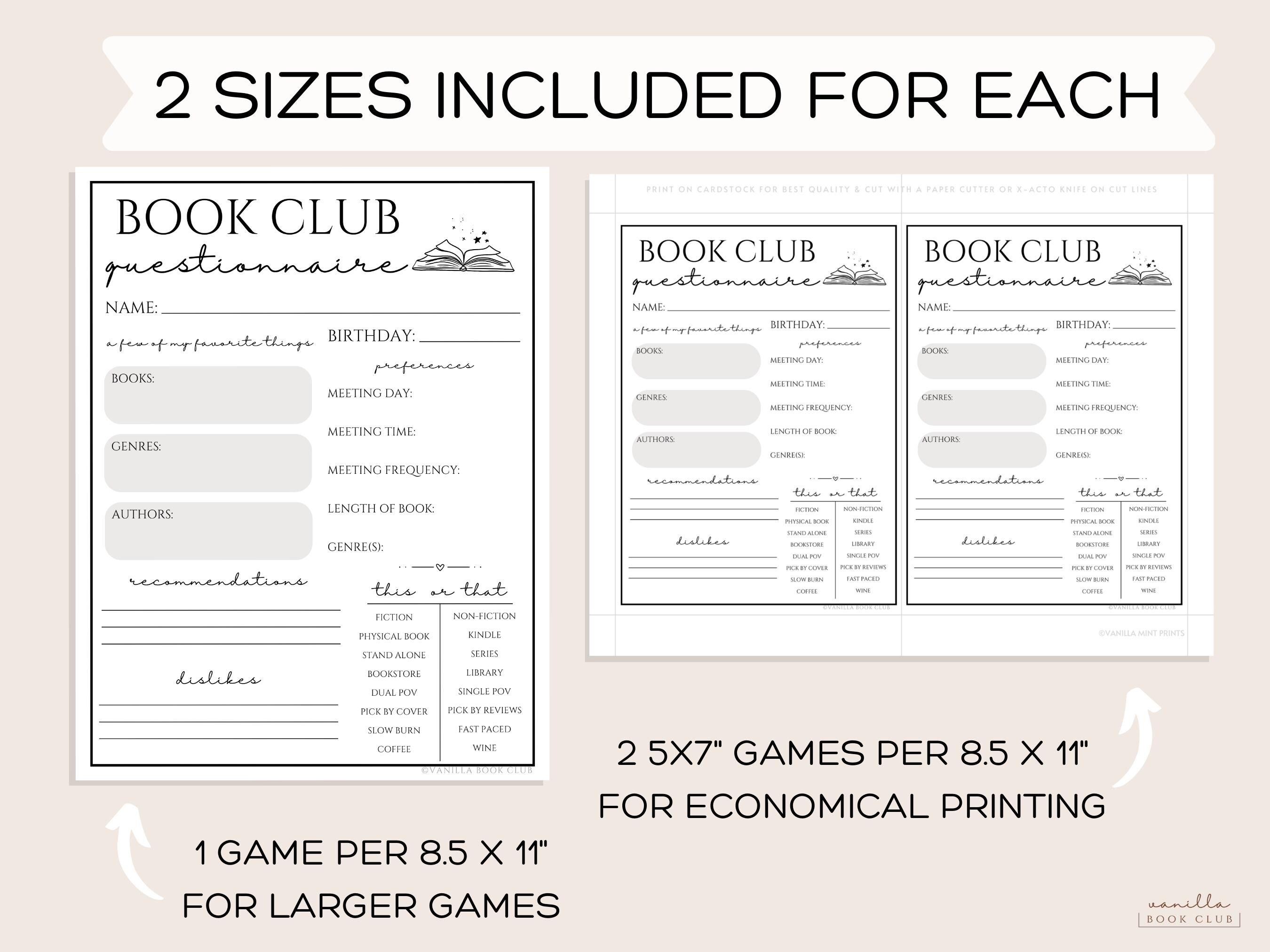 Book Club Games Questionnaire Book Club Ice Breaker Games Ladies Night ...