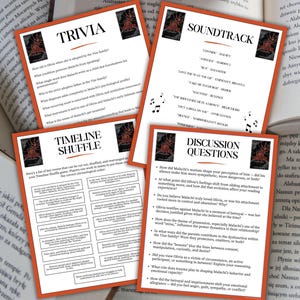 Op de afbeelding: Vier kaarten met oranje randen met tekst op een tafel met open boeken. De kaarten zijn gelabeld met "Trivia", "Timeline Shuffle", "Soundtrack" en "Discussion Questions". De kaarten hebben een donkerrode afbeelding.