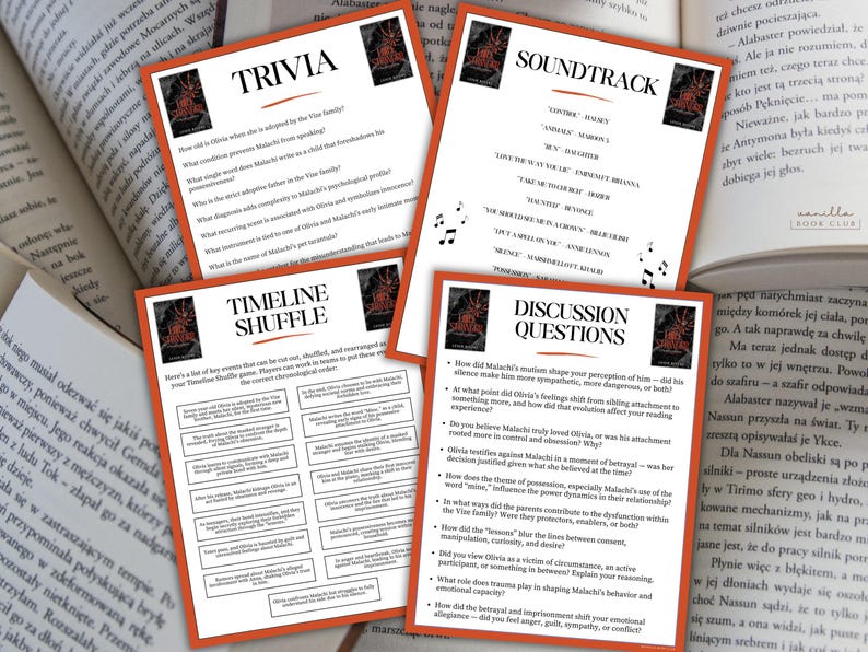 Op de afbeelding: Vier kaarten met oranje randen met tekst op een tafel met open boeken. De kaarten zijn gelabeld met "Trivia", "Timeline Shuffle", "Soundtrack" en "Discussion Questions". De kaarten hebben een donkerrode afbeelding.