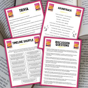 May include: Four pink cards with text and a book cover image are displayed on a table with open books. The cards include trivia, soundtrack, timeline shuffle, and discussion questions, all related to a book.