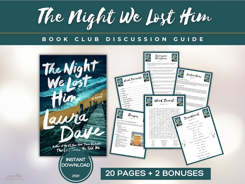 K&ouml;nnte beinhalten: Ein Diskussionsleitfaden f&uuml;r den Buchclub zu "The Night We Lost Him" von Laura Dave. Das Cover zeigt eine Strandszene. Enth&auml;lt Diskussionsfragen, Wortspiele, Rezepte und einen Soundtrack. Sofortiger PDF-Download mit 20 Seiten und 2 Boni.