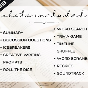 May include: A white background with the text "whats included" and a list of activities for a book club, including a summary, discussion questions, and word search. The image also says "20 pages".