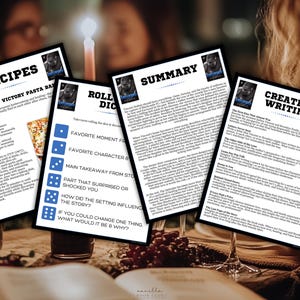 May include: Four printed sheets with text, including recipes, discussion prompts, and a summary, are arranged on a table. The sheets have a black border and feature a photo of a person. A lit candle and wine glasses are also visible.