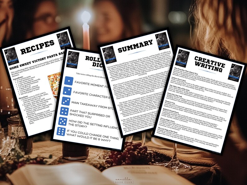 May include: Four printed sheets with text, including recipes, discussion prompts, and a summary, are arranged on a table. The sheets have a black border and feature a photo of a person. A lit candle and wine glasses are also visible.