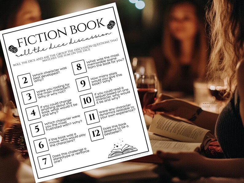 Book Club Games Roll the Dice Fiction Book Discussion Questions Game Book Club Ice Breaker Games Ladies Night Game Girls Night Game Activity