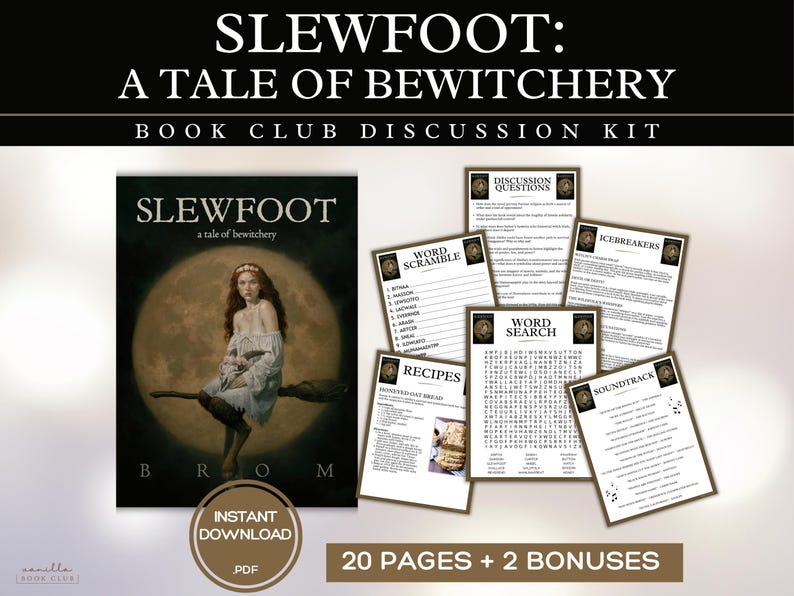 May include: A book club discussion kit for "Slewfoot: A Tale of Bewitchery." The kit includes a book cover illustration of a woman on a broom, discussion questions, word games, recipes, and a soundtrack. The kit is an instant PDF download.