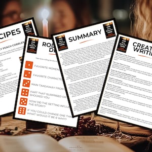 May include: Four printed pages with text and graphics, including a recipe for Fourth of July Peach Cobbler, a summary, creative writing prompts, and a game with dice. The pages are black and white with orange accents, and the text "ARE ALL GUILTY HERE" is visible.