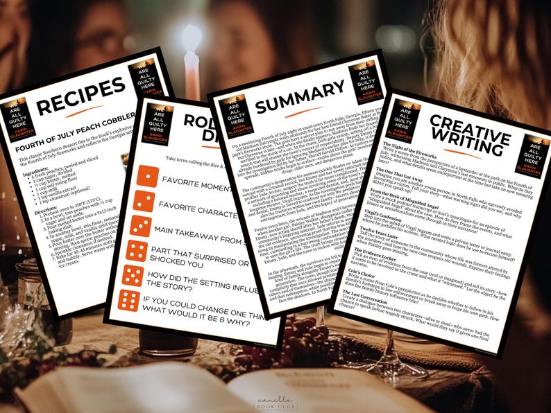 May include: Four printed pages with text and graphics, including a recipe for Fourth of July Peach Cobbler, a summary, creative writing prompts, and a game with dice. The pages are black and white with orange accents, and the text "ARE ALL GUILTY HERE" is visible.
