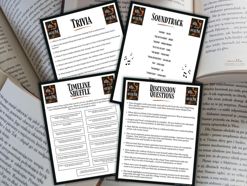 Op de afbeelding: Vier witte bedrukte vellen met tekst en afbeeldingen, waaronder trivia-vragen, een soundtracklijst, een tijdlijn-shuffle-spel en discussievragen, worden op een tafel naast een open boek weergegeven. De vellen hebben een zwarte rand en de titel "Kiss of the Basilisk".