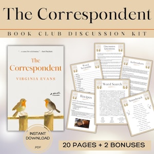 Op de afbeelding: Een discussiekit voor de boekenclub voor "The Correspondent" van Virginia Evans. De kit bevat een boekomslagafbeelding met twee vogels, discussievragen, woordspelletjes, recepten en een soundtracklijst. Directe PDF-download.
