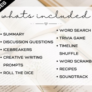 May include: An image showing a list of activities, including "Summary", "Word Search", and "Trivia Game", with the heading "whats included". The text is in black on a white background, with a heart symbol. The words are on top of an open book.