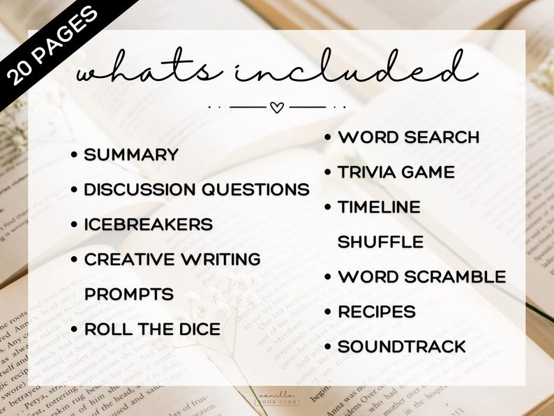 May include: An image showing a list of activities, including "Summary", "Word Search", and "Trivia Game", with the heading "whats included". The text is in black on a white background, with a heart symbol. The words are on top of an open book.
