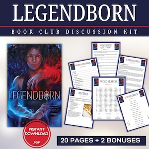Puede incluir: Un kit de discusi&oacute;n para el club de lectura "Legendborn" con una portada de libro con una mujer y acentos azules y rojos. El kit incluye preguntas de discusi&oacute;n, juegos de palabras, recetas y una lista de bandas sonoras. Descarga instant&aacute;nea en PDF.