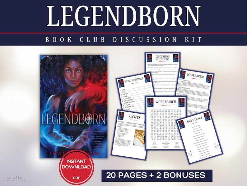 Puede incluir: Un kit de discusi&oacute;n para el club de lectura "Legendborn" con una portada de libro con una mujer y acentos azules y rojos. El kit incluye preguntas de discusi&oacute;n, juegos de palabras, recetas y una lista de bandas sonoras. Descarga instant&aacute;nea en PDF.