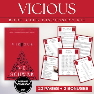 以下が含まれることがあります： 「VICIOUS」というタイトルと著者V.E.Schwabの名前が書かれた赤い本の表紙。画像には、ディスカッションの質問、ワードスクランブル、ワードサーチ、レシピ、サウンドトラックのページを含むブッククラブのディスカッションキットが含まれています。このキットは、PDFですぐにダウンロードできます。