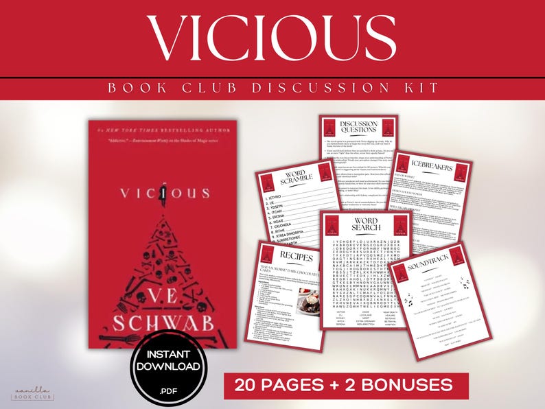 以下が含まれることがあります： 「VICIOUS」というタイトルと著者V.E.Schwabの名前が書かれた赤い本の表紙。画像には、ディスカッションの質問、ワードスクランブル、ワードサーチ、レシピ、サウンドトラックのページを含むブッククラブのディスカッションキットが含まれています。このキットは、PDFですぐにダウンロードできます。