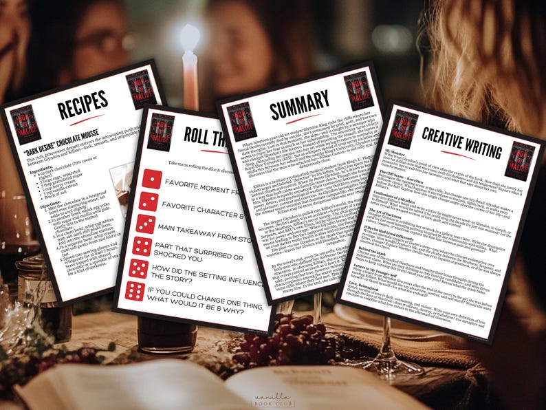 Puede incluir: Cuatro tarjetas blancas con texto negro est&aacute;n dispuestas sobre una mesa. Las tarjetas tienen t&iacute;tulos como "Recetas", "Resumen" y "Escritura creativa". Las tarjetas son parte de un club de lectura, con una imagen de la portada del libro en la esquina. Una vela y copas de vino est&aacute;n en el fondo.