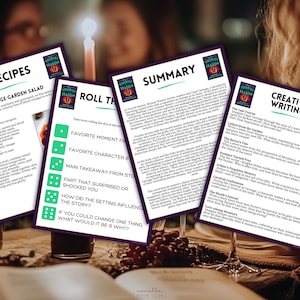 May include: Four printed cards with text on a table, including recipes, a summary, creative writing prompts, and a game. The cards have a purple border and the text "Tourist Season". A lit candle and wine glasses are in the background.